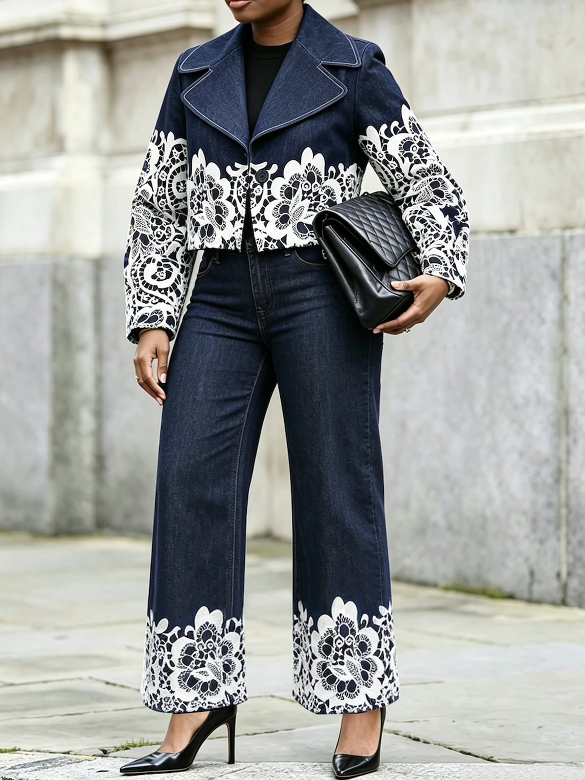 Casual Lace-print Cropped Denim Jacket