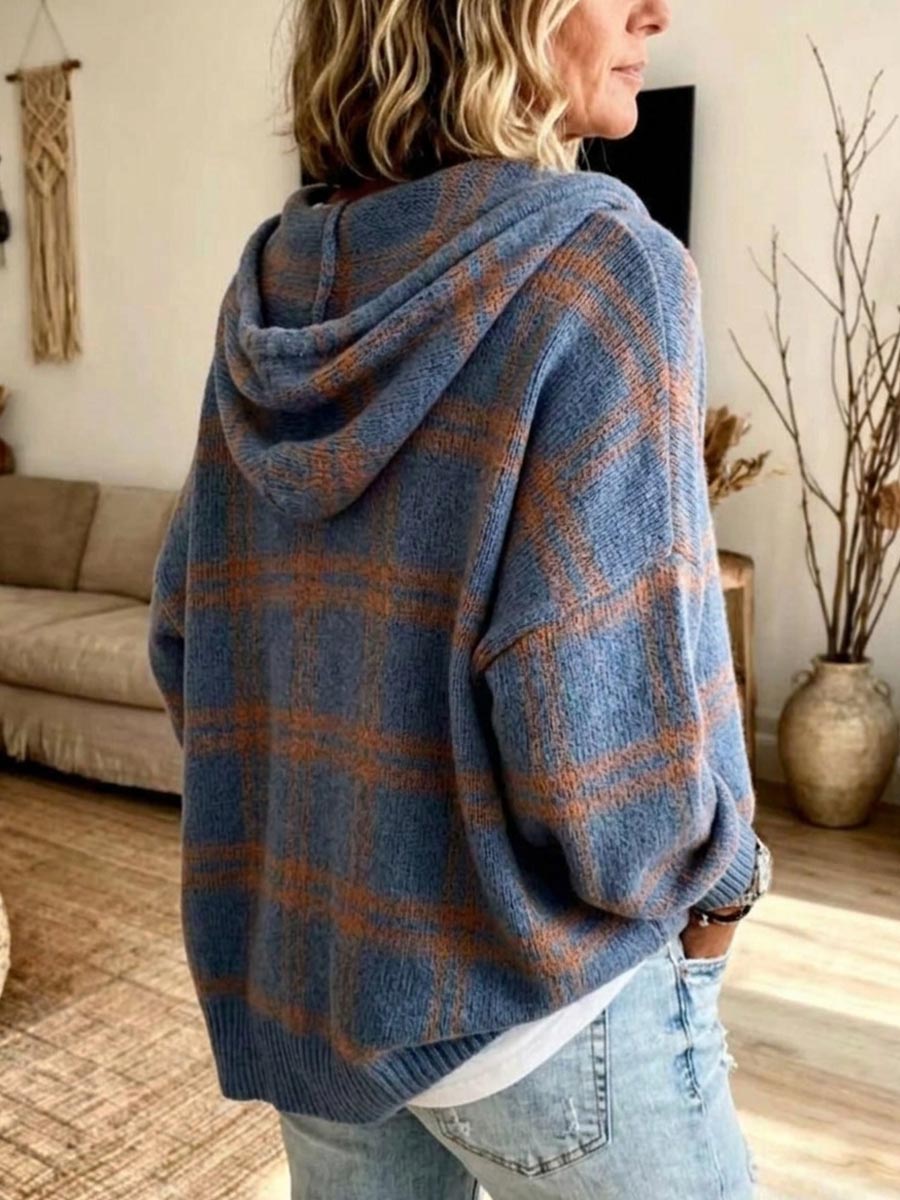 Maglione da donna casual a quadri con cappuccio e maniche lunghe in maglia