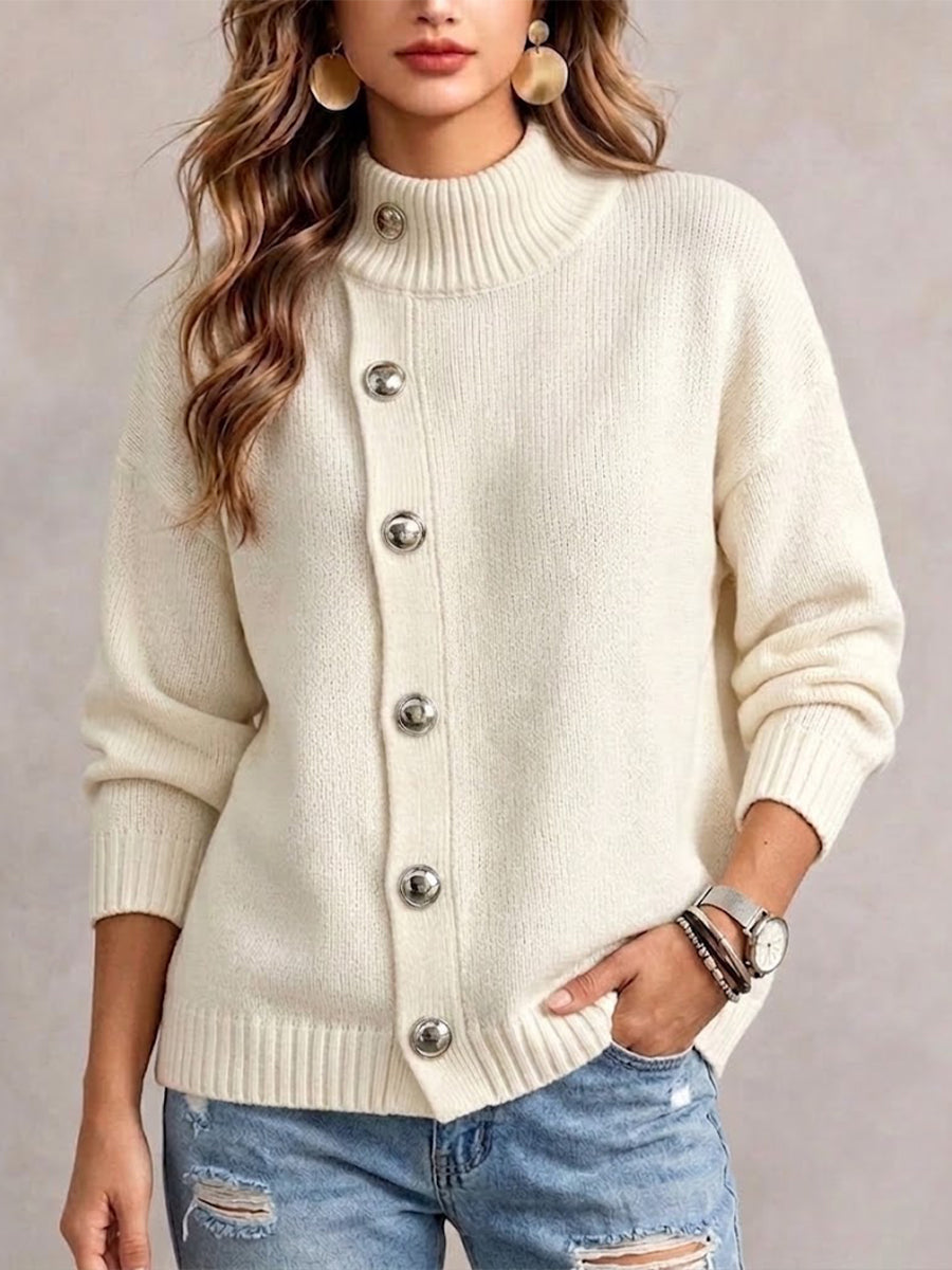Loose-fit Knit Sweater With A Mock Neck And Diagonal Metal Button Detail
