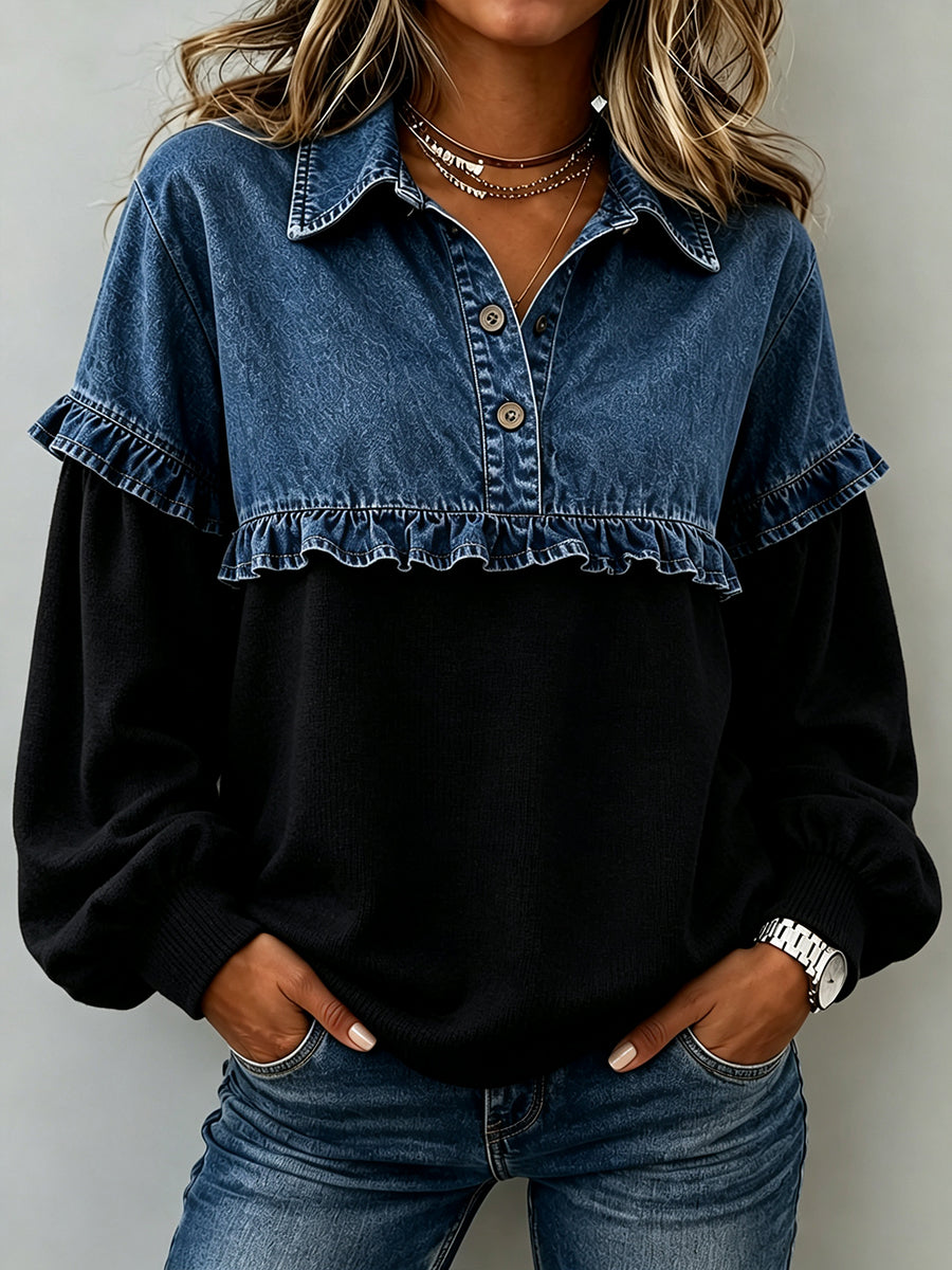 Casual Long-sleeve Knit Top With Denim Ruffle Splicing