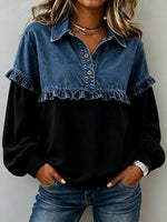Casual Long-sleeve Knit Top With Denim Ruffle Splicing