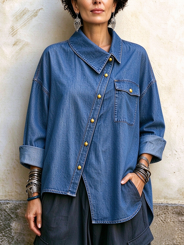 Casual Relaxed Asymmetric Button Up Denim Shirt