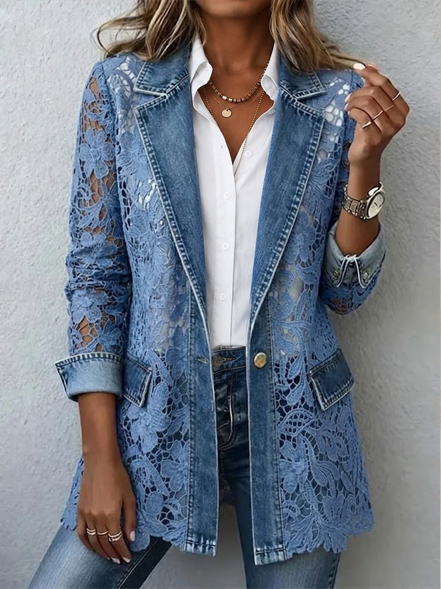Elegante giacca di jeans casual con dettagli in pizzo 3D a pannelli