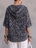 Women's Leopard Print V-neck 3/4 Sleeve Casual Loose Hooded Pullover Knit Sweater