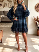 Plaid Mock-neck Sheer Ruffled Mini Dress