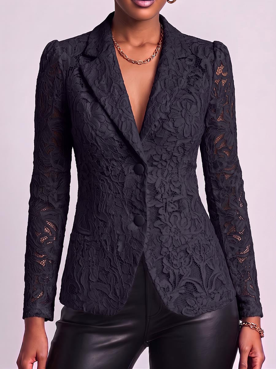 Women's Solid Color Lace-up Long-sleeved Casual Loose Lace Blazer