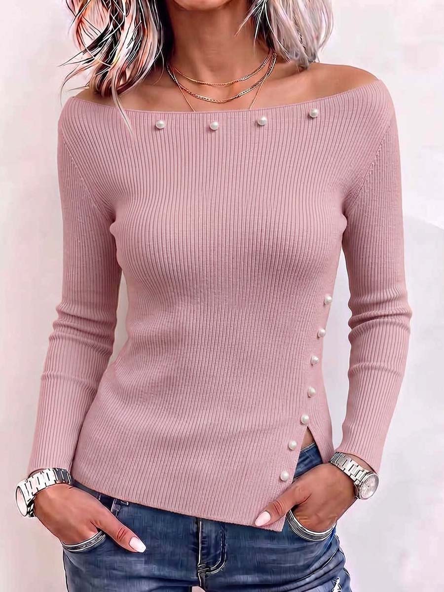 Women's Solid-color Off-shoulder Long-sleeve Loose Knit Top With Beading