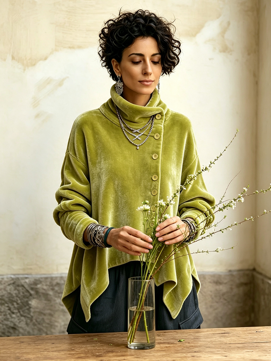 Top dolcevita chic in velluto con bottoni asimmetrici