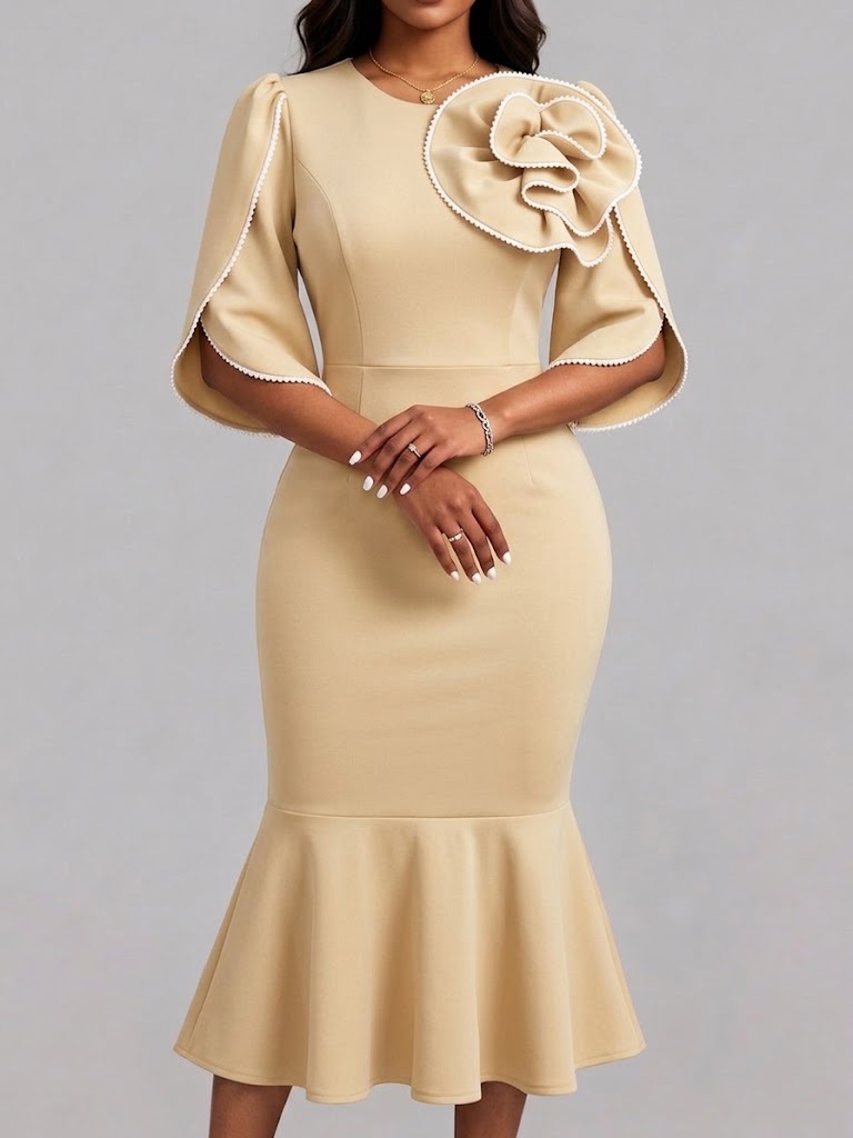 3d Floral Applique Flare Sleeve Mermaid Midi Dress