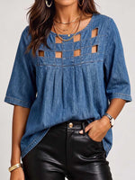 Women's Round Neck Geometric Cutout Design 3/4 Sleeve Casual Loose Denim Top