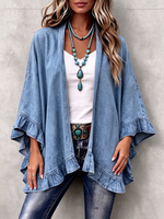 Chic Boho Denim Ruffle Trim Cardigan