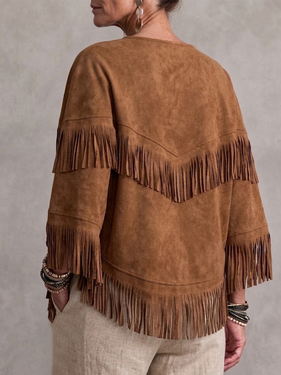 Etna Stilo Faux Suede Franĝa Veŝto Kun Batwing Manikoj