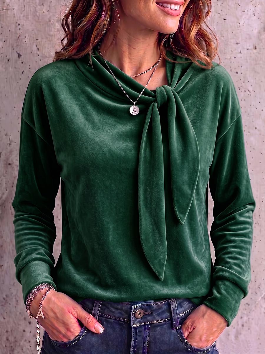 Women's Solid Color Round Neck Tie-waist Long Sleeve Casual Loose Velvet Top