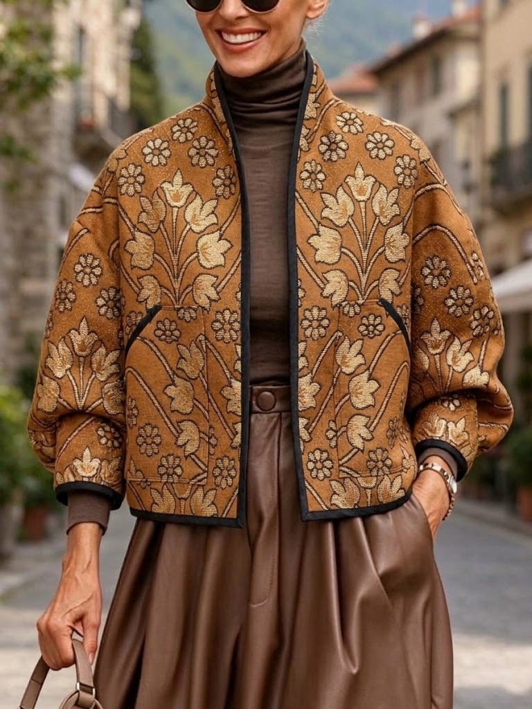 Chaqueta estilo vintage con cuello levantado y jacquard floral