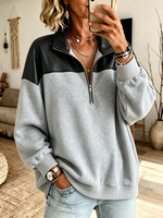Casual Zipper Stand Collar Faux Leather Paneling Hoodie