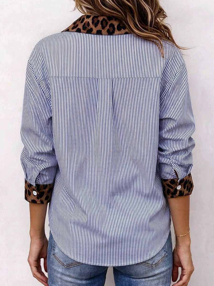 Vertikal gestreiftes Button-Down-Hemd für Damen mit kontrastierendem Leopardenmuster