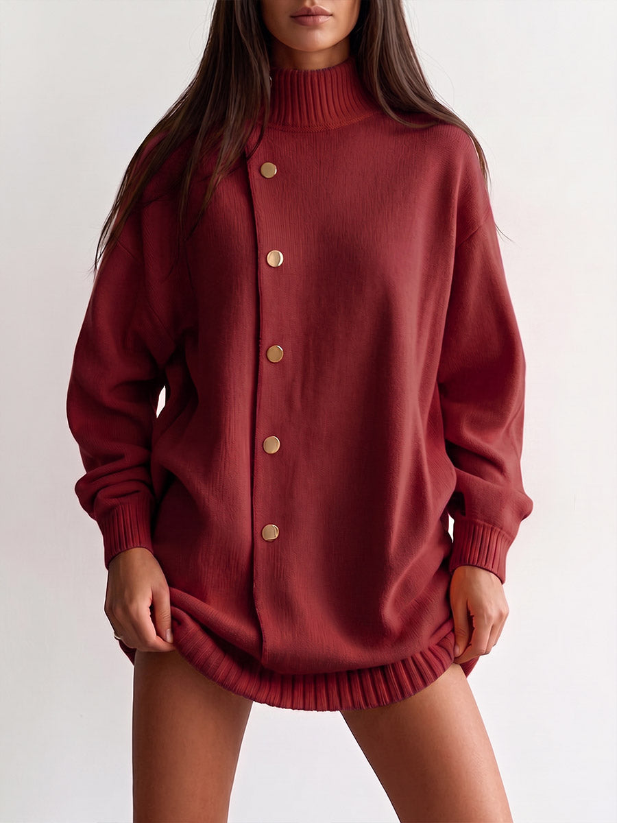 Women's Solid Color Stand Collar Long Sleeve Casual Loose Knit Sweater