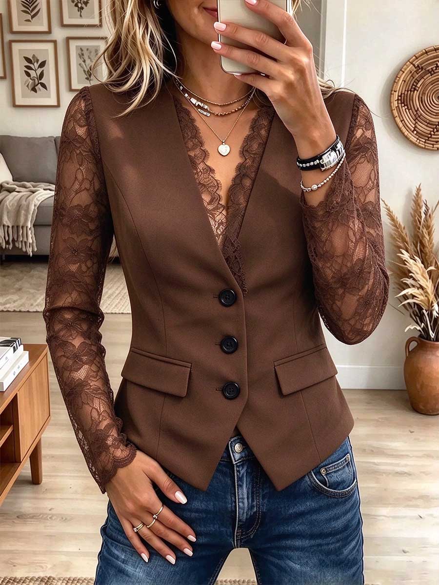Blazer elegante con botones y cuello en V empalmado de encaje para mujer