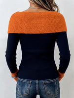 Women's Casual Loose-fit Long-sleeve Color-block Knit Top With Bow And V-neck