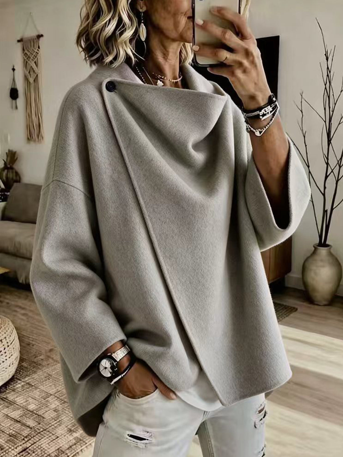 Cozy Asymmetric Button Wool-Blend Wrap Cape Jacket