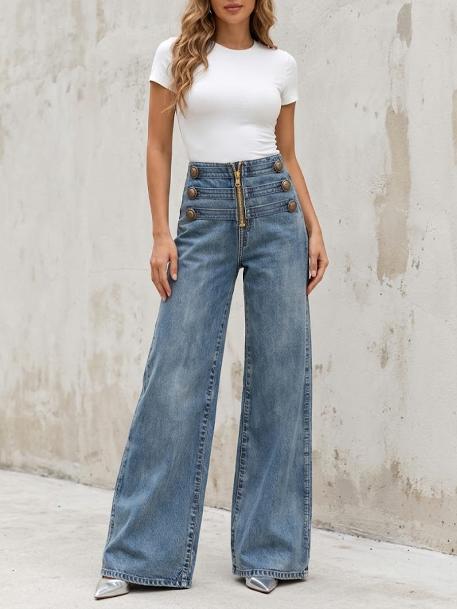 Jeans casual a gamba larga con bottoni e multi-cinghia retrò
