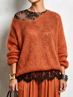 Cozy Lace Long Sleeve T-shirt And Mohair Knit Sweater Two Piece Set