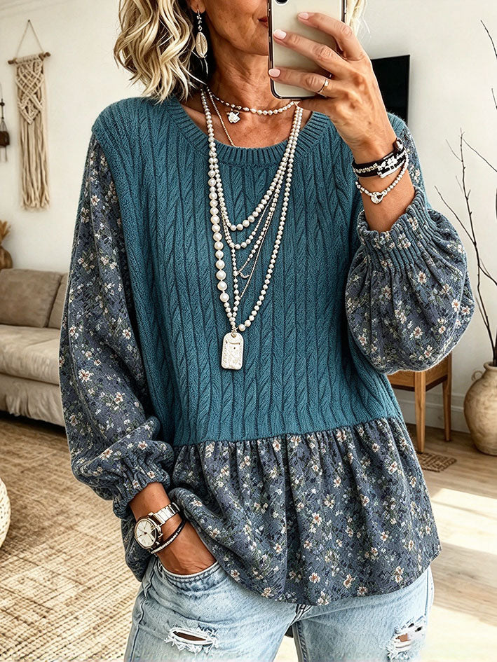 Top in maglia a trecce patchwork floreale blu casual ed elegante