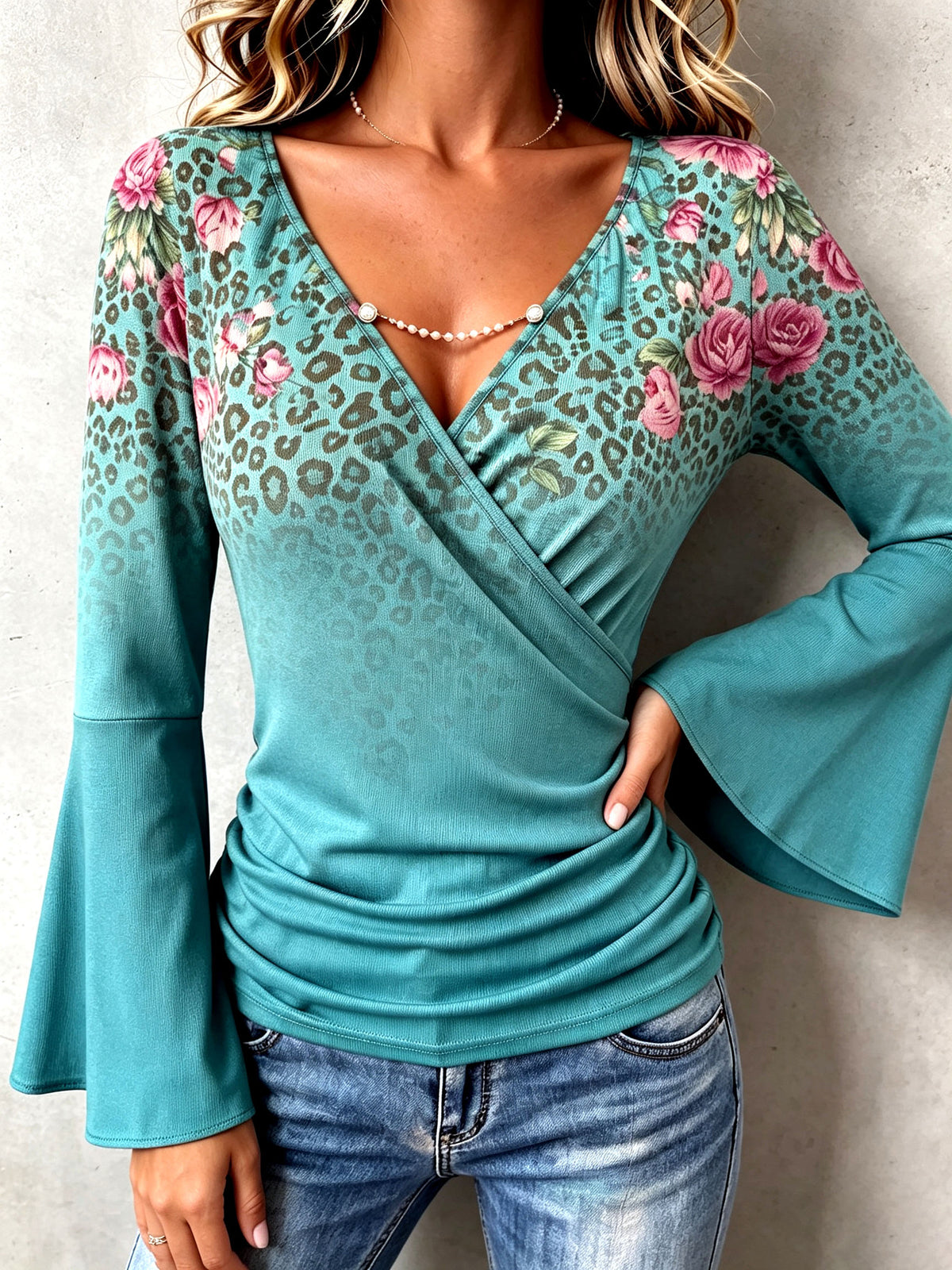 Bohemian Floral Leopard Stretchy Flared Sleeve Blouse