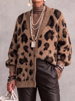 Flauschiger Damen-Cardigan mit Leopardenmuster und V-Ausschnitt – gemütlicher, übergroßer Button-Down-Pullovermantel