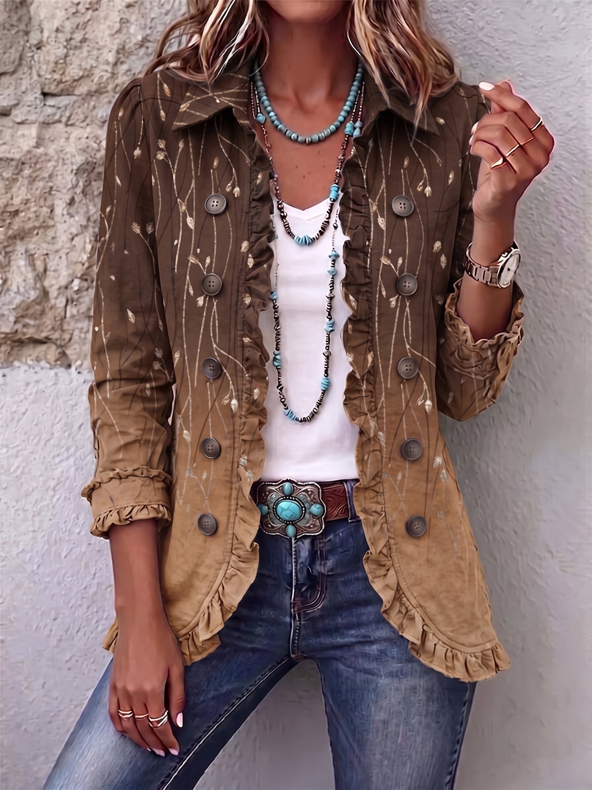 Vintage Botanical Print Ruffled Jacket