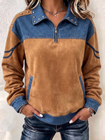 Western-Inspired Denim & Faux-Suede Half-Zip Pullover