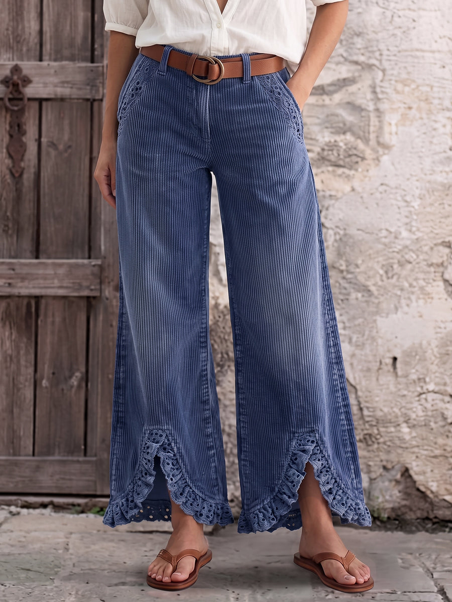 Boho Lace-Trim Corduroy Larĝkruraj Pantalonoj