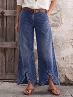 Boho Lace-Trim Corduroy Larĝkruraj Pantalonoj