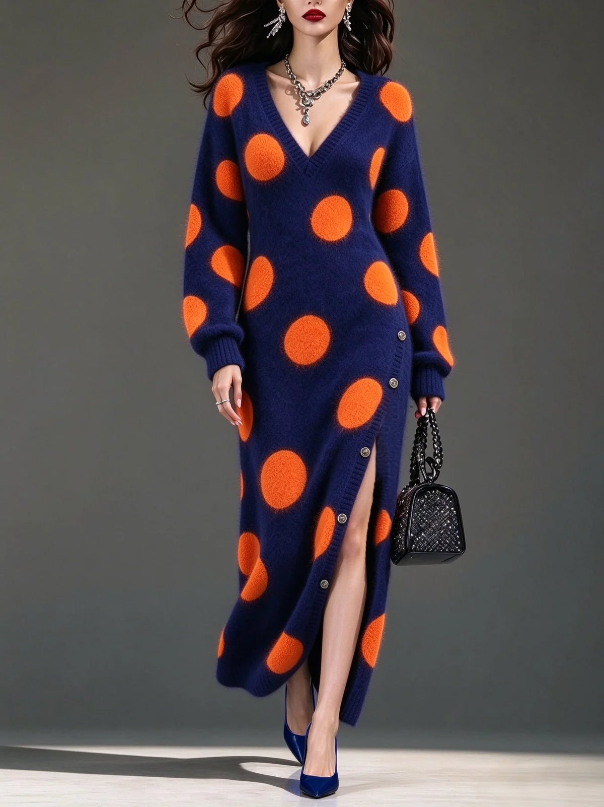 Acogedora falda midi de punto en mezcla de lana con lunares y tacto suave y aterciopelado