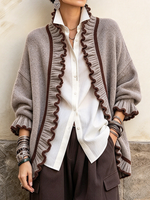 Suéter tipo cárdigan de punto gris informal con volantes elegante