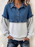 Denim Spliced Ruffle Half‑placket Sweatshirt