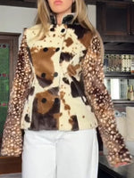 Chaqueta elegante de patchwork de piel sintética con estampados de vaca y ciervo