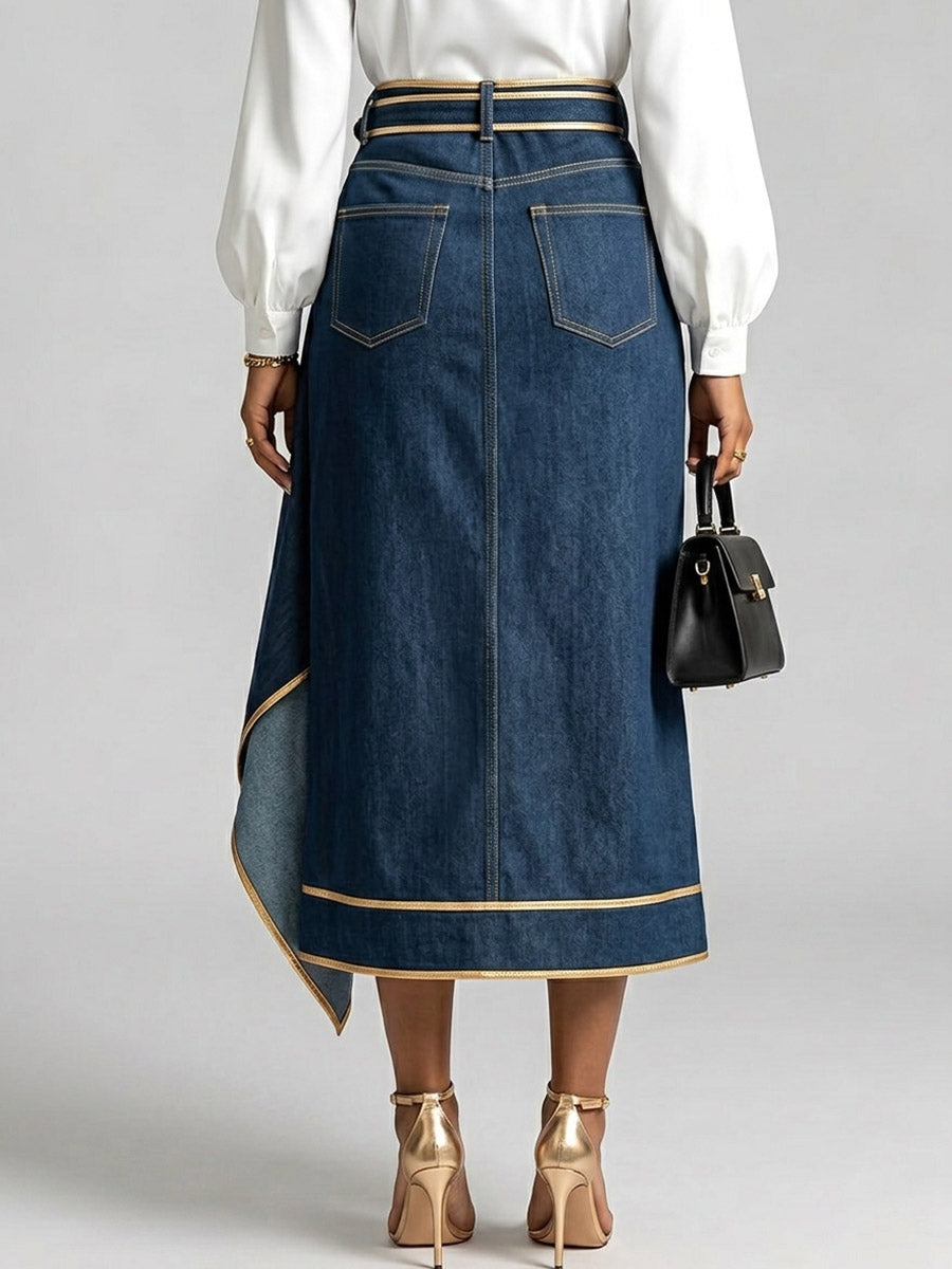Women's High-waisted Deconstructed Loose A-line Denim Skirt With Luxurious Gold Trim