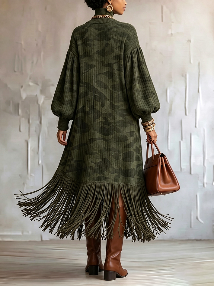 Chic Camouflage Turtleneck Fringed Dress