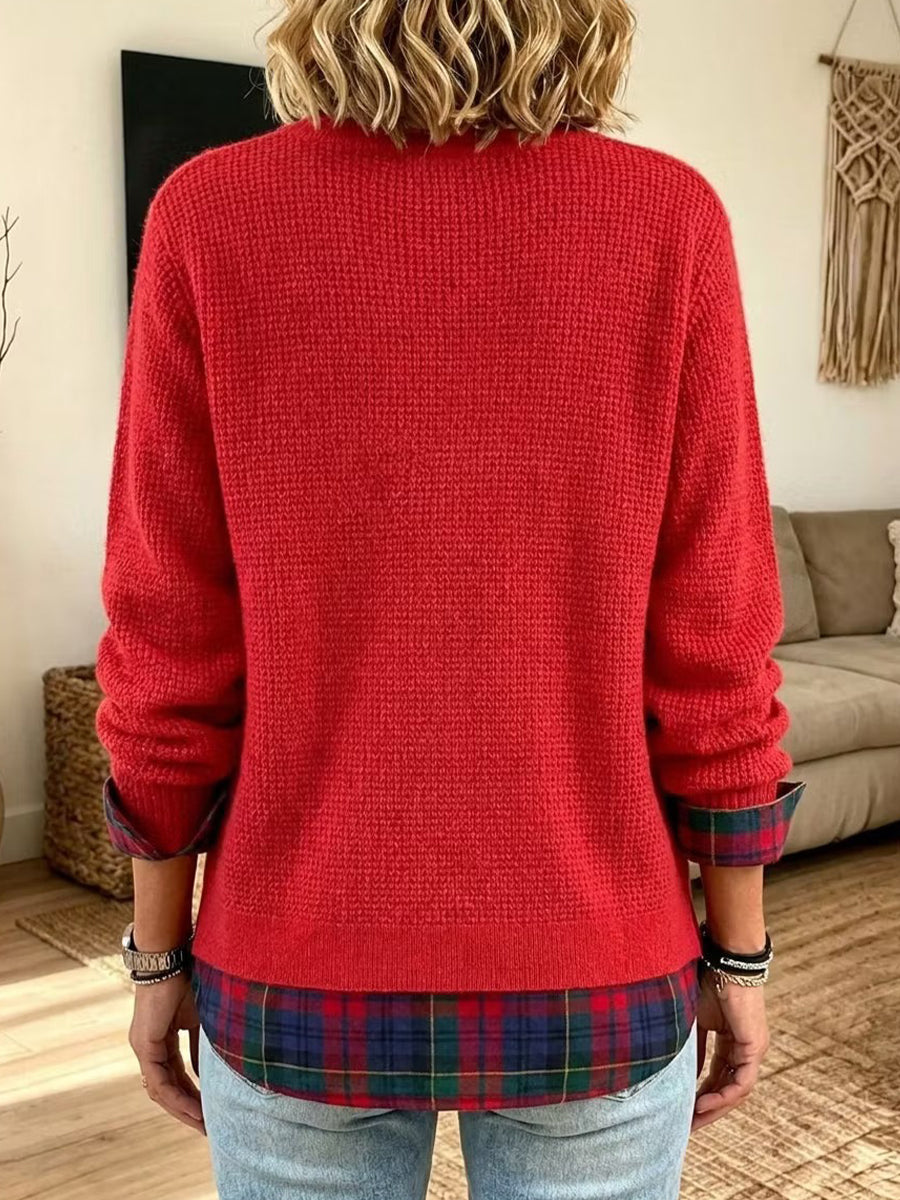Sudadera con cuello redondo y panel a cuadros en capas sintéticas