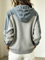 Casual Denim-Spliced Ribbed Knit Hooded Cardigan
