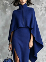 Chic Royal Blue Ribbed Knit Cape Set