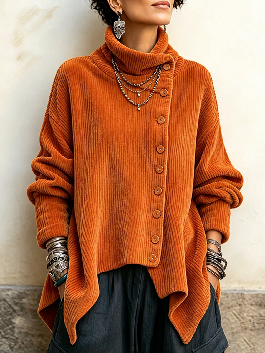 Ŝika Malsimetria Buton-supren Kolumo Corduroy Top