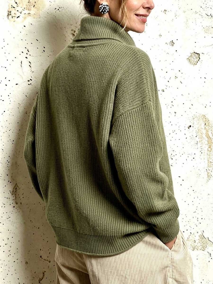 Asymmetric Wrap Collar Ribbed Knit Pullover Sweater