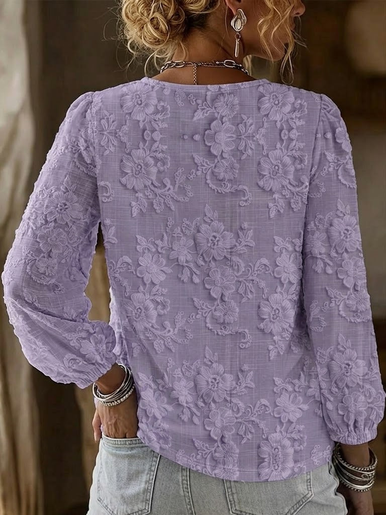Casual, Loose-fitting V-neck Top With Lace, A Print, And Puff Sleeves