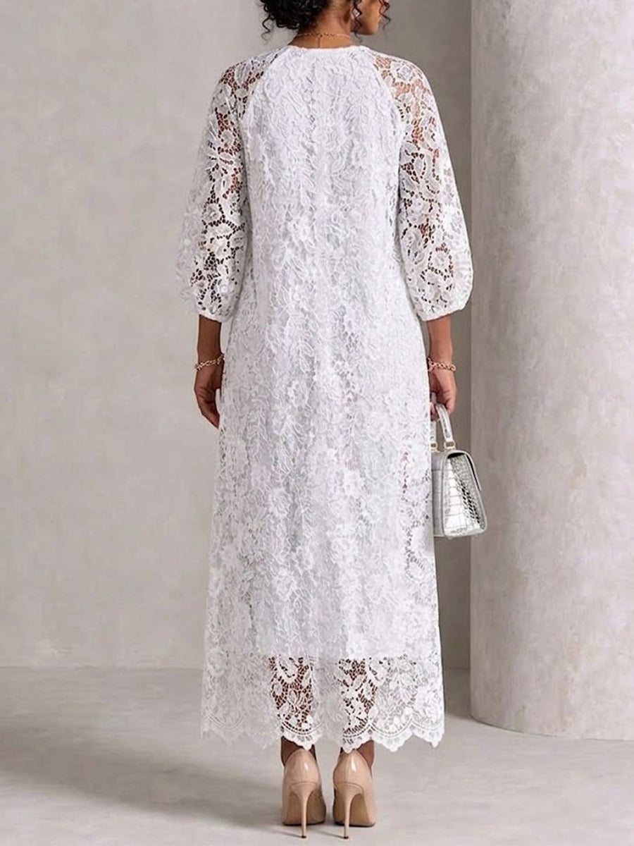 Round‑neck Raglan Lantern‑sleeve Lace Maxi Dress