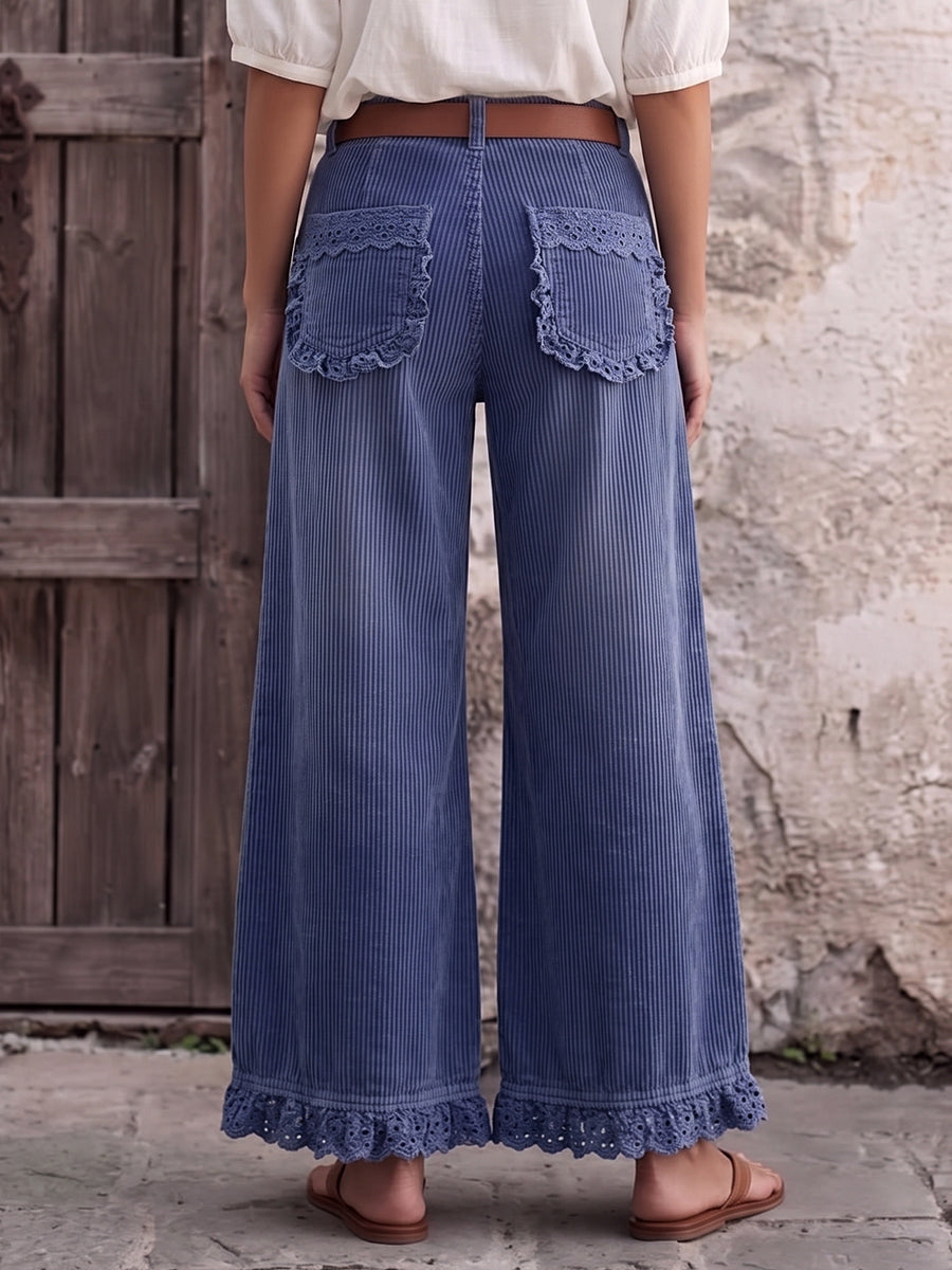 Boho Lace-Trim Corduroy Larĝkruraj Pantalonoj