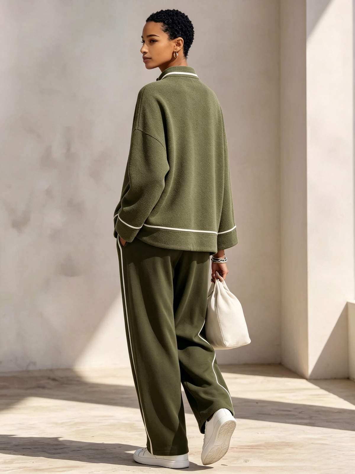 Chic Olive Green Loungewear Set With White Contrast Trim