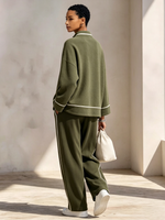 Chic Olive Green Loungewear Set With White Contrast Trim