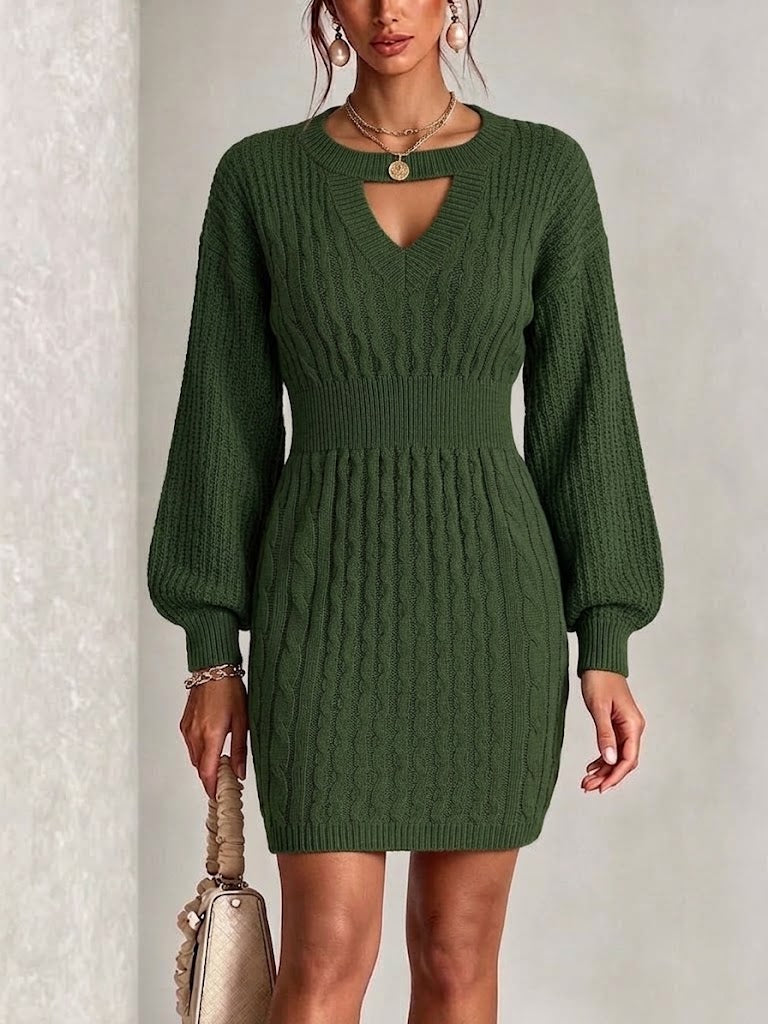 Mini abito stretto in vita con maniche a lanterna in maglia a trecce con scollo a V ritagliato